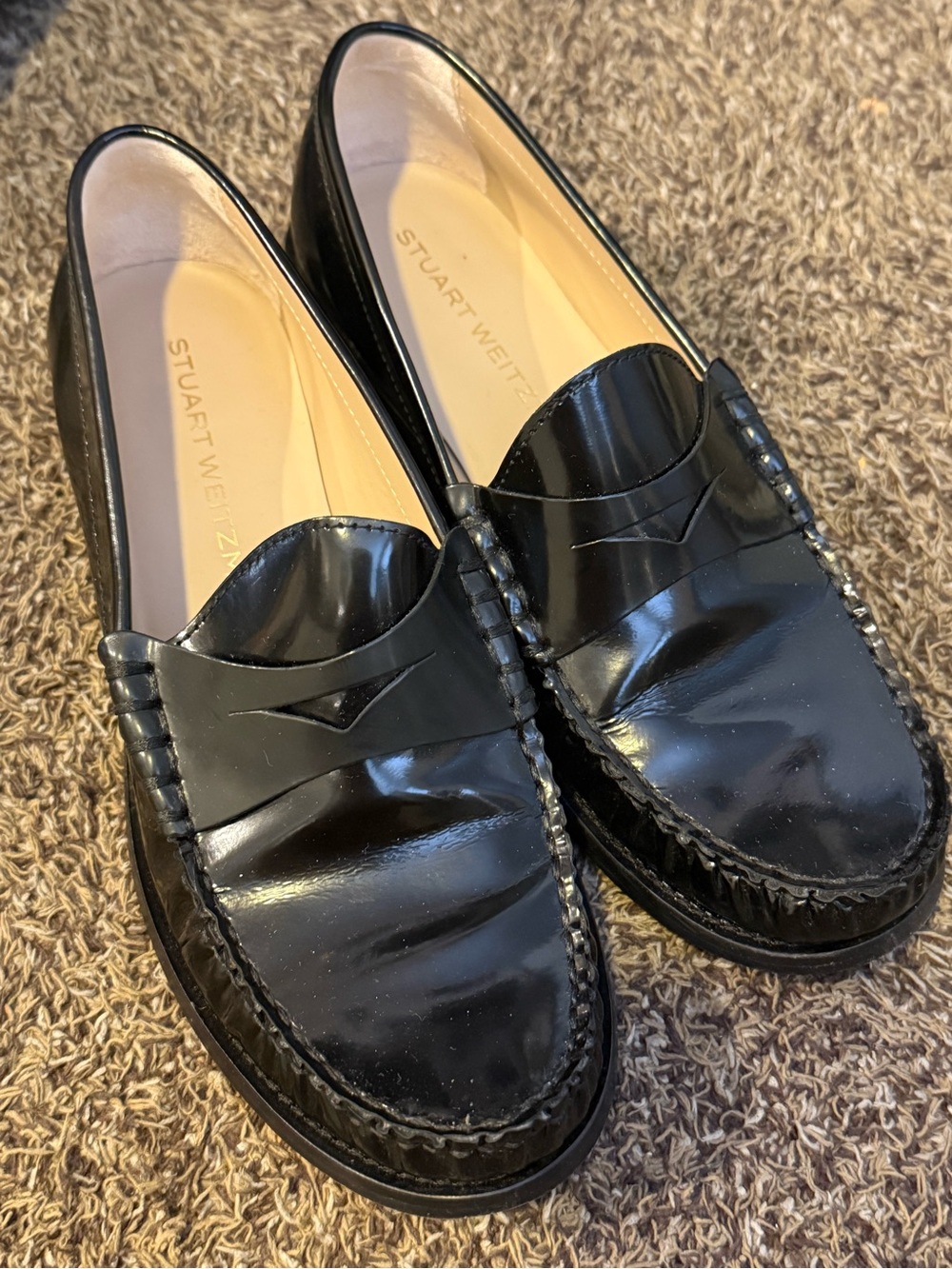 Stuart Weitzman Black Patent Leather Penny Loafers